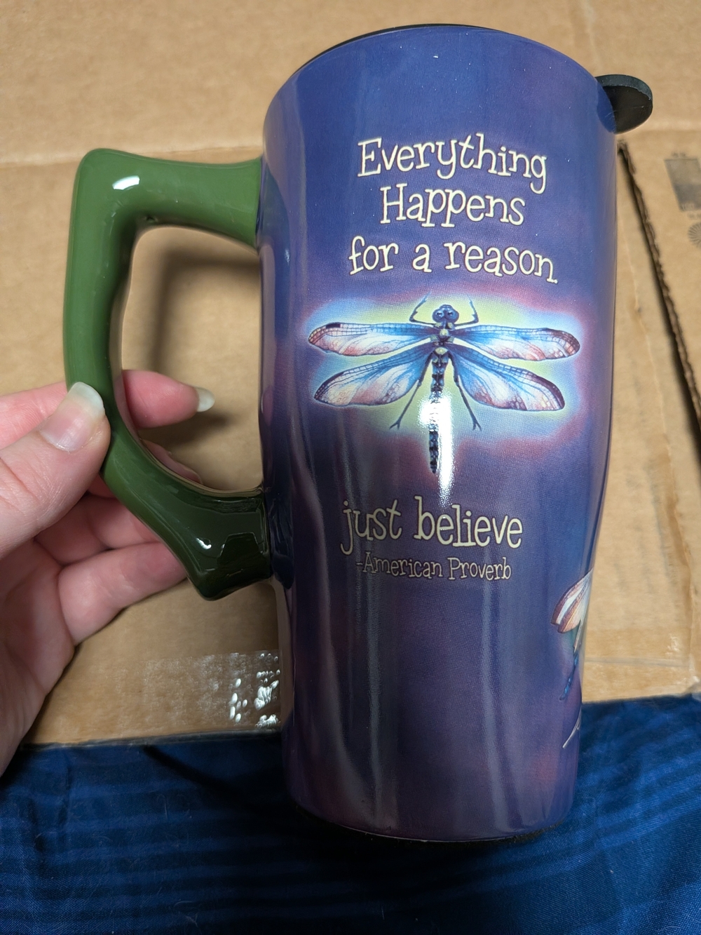 Dragonfly Ceramic Coffee Mug - Purple with Green Handle